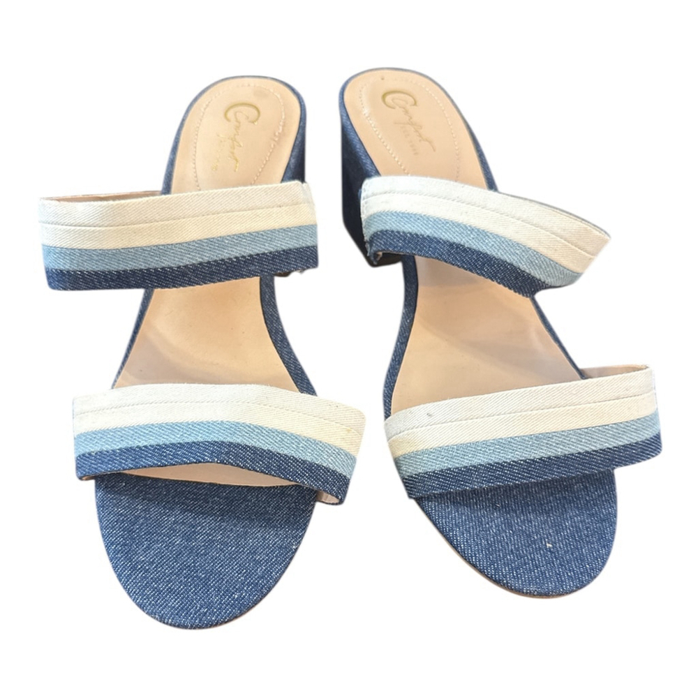 Est. 1946 Denim Sandals with Striped Design, Size 10 Wide, Blue and White - Picture 2 of 5